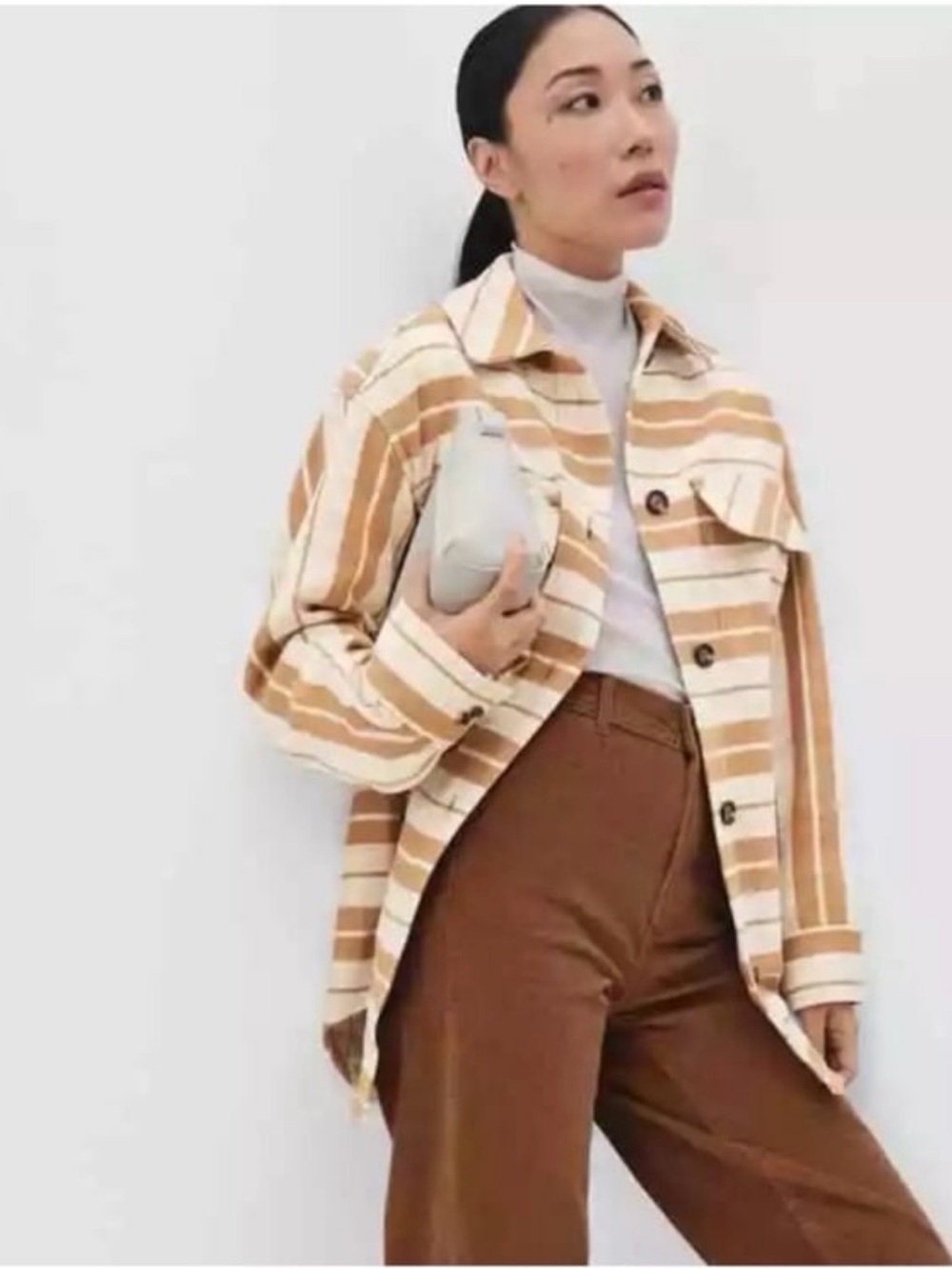 Everlane Oversized Button Down Jacket Womens S Camel Cream Tan Plaid Stripe
